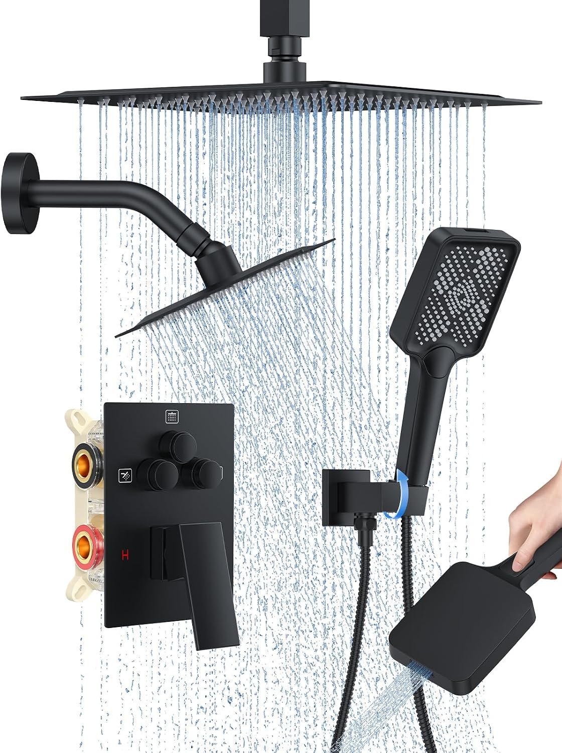Woindo Shower Faucet Set, 10' Ceiling Mount Rainfall Shower System with 2 Rain Shower Head and Multi-function Handheld Head Push Button Diverter Shower Faucet Trim Kit