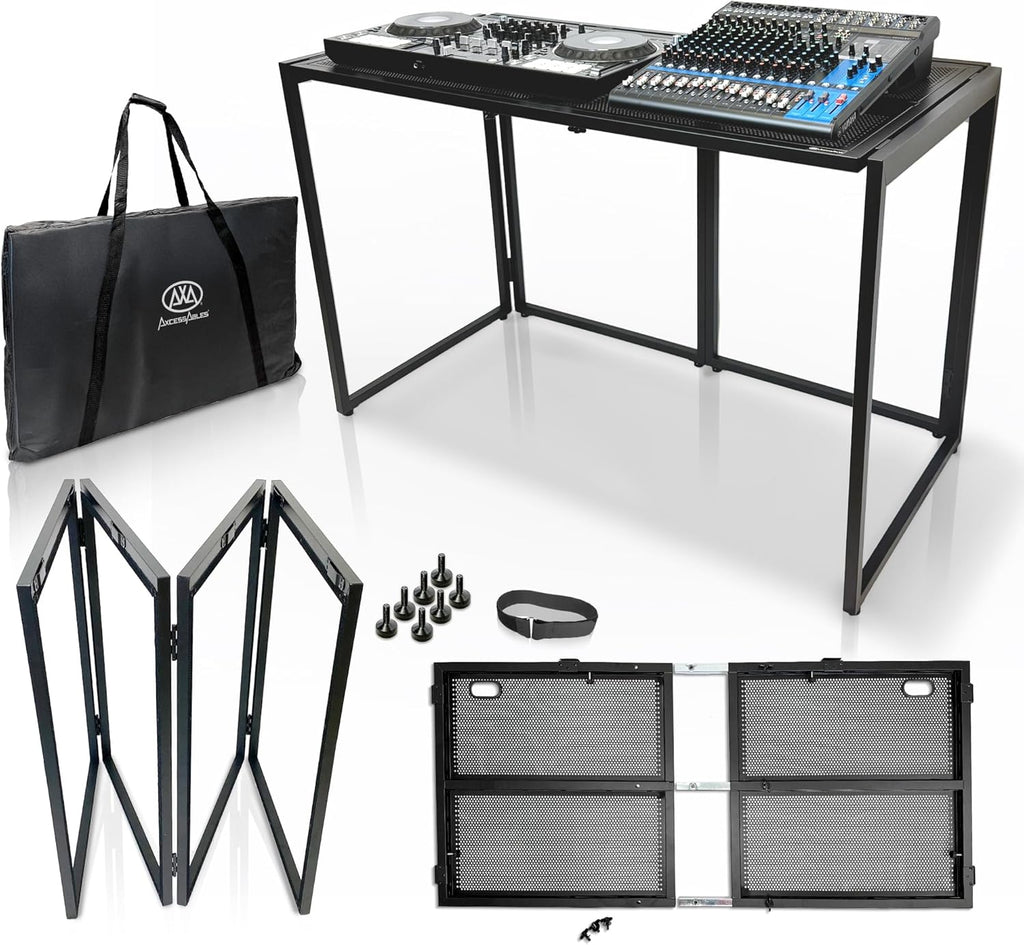 AxcessAbles Portable DJ Table XL – 54' x 27' Music Workstation | 35' Standing Height, 400lb Capacity | Collapsible FOH Sound Desk for DJs, Mixing Consoles, Guitar Techs| Recording Desk | DJ Booth