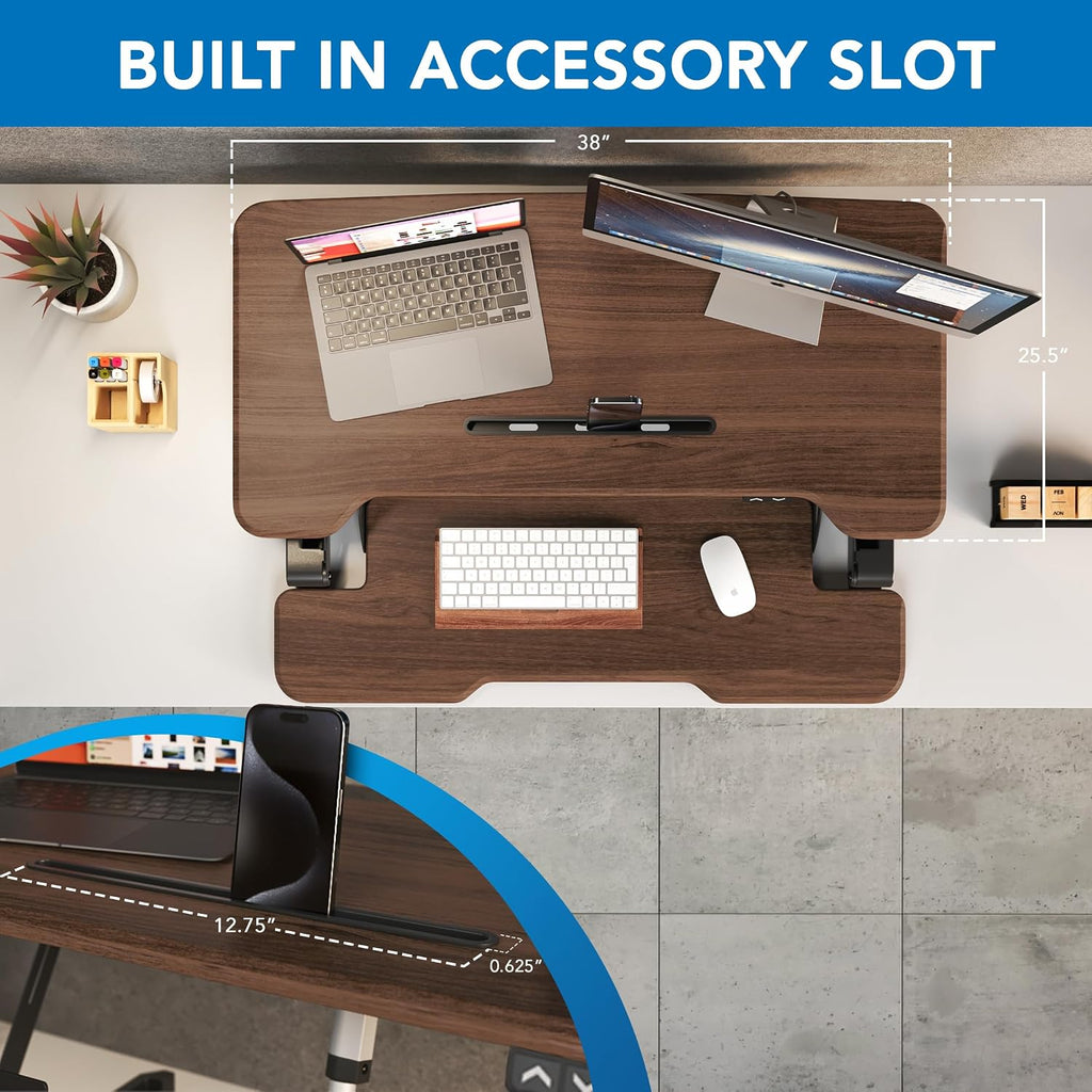 Mount-It! Electric Standing Desk Converter with 38' Tabletop, Height Adjustable Desk Riser, Motorized Desk Riser with Keyboard Tray and Device Slot, Fits Monitor & Laptop, Dark Walnut
