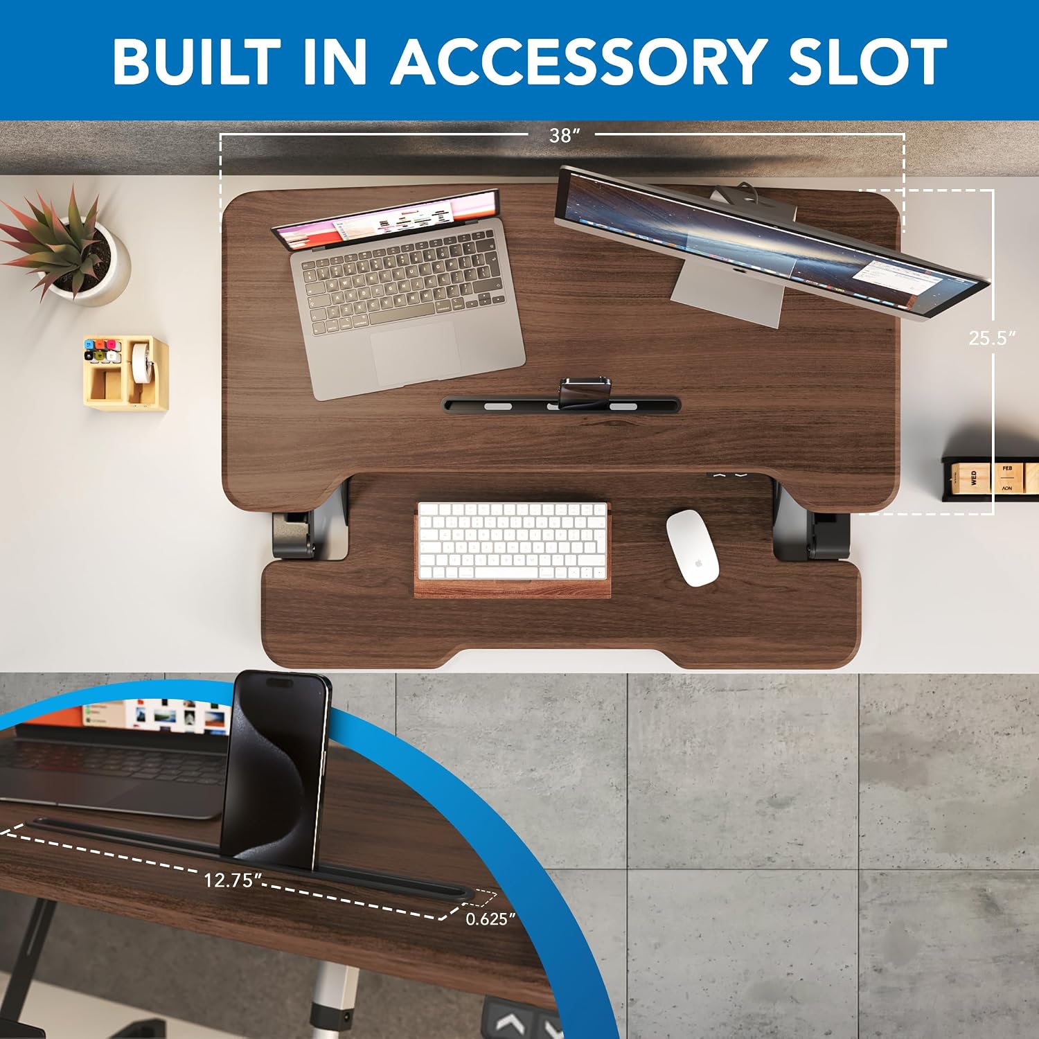 Mount-It! Electric Standing Desk Converter with 38' Tabletop, Height Adjustable Desk Riser, Motorized Desk Riser with Keyboard Tray and Device Slot, Fits Monitor & Laptop, Dark Walnut