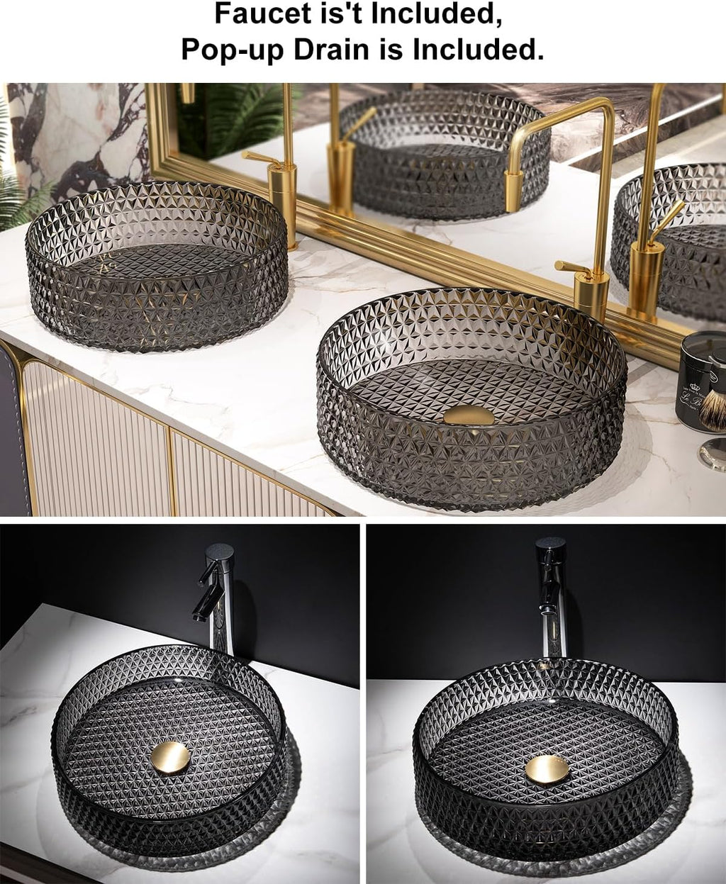 Homary Bathroom Vessel Sink Round Vessel Sink 15.35' x 4.33' Transparent Diamond Shaped Crystal Glass Bathroom Sink Above Counter with Pop-up Drain, Black