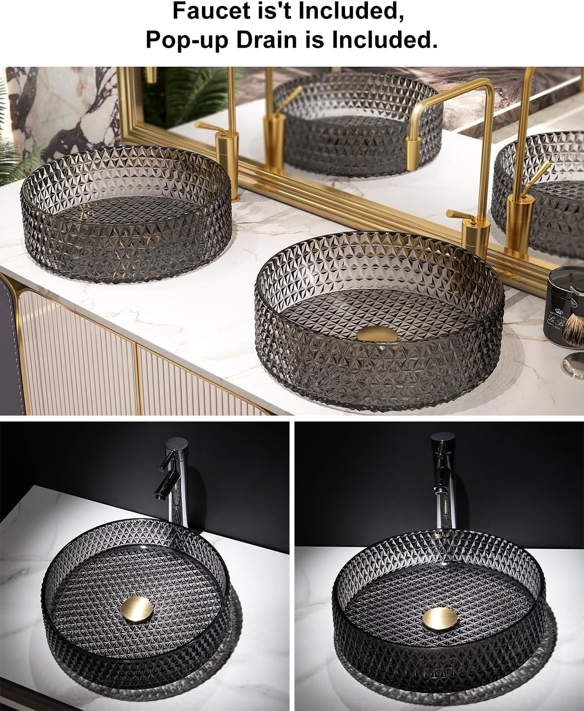 Homary Bathroom Vessel Sink Round Vessel Sink 15.35' x 4.33' Transparent Diamond Shaped Crystal Glass Bathroom Sink Above Counter with Pop-up Drain, Black