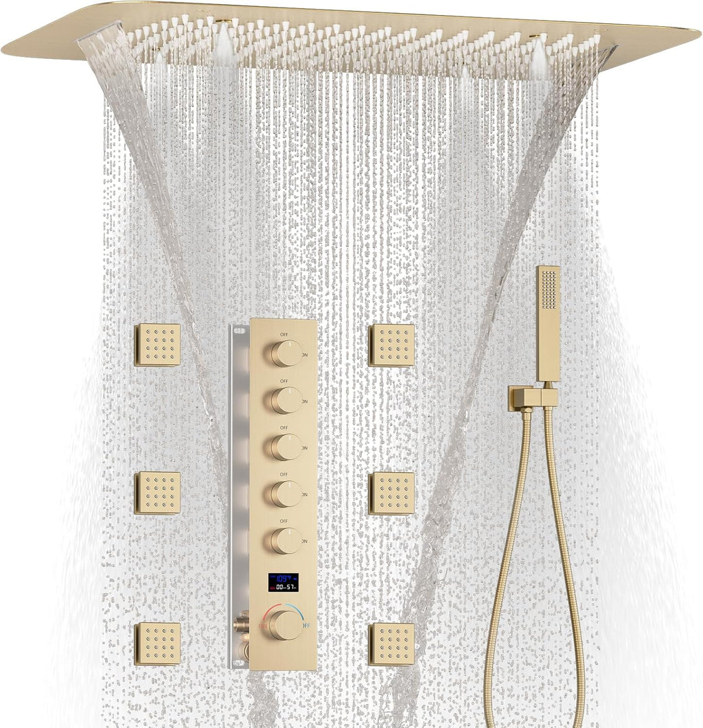 Brushed Gold Digital Display Shower System with 16X24 inch Rain&Waterfall&Mist 3 Modes Ceiling Overhead Shower Head, 6 PCS Body Jet and Handheld Spray