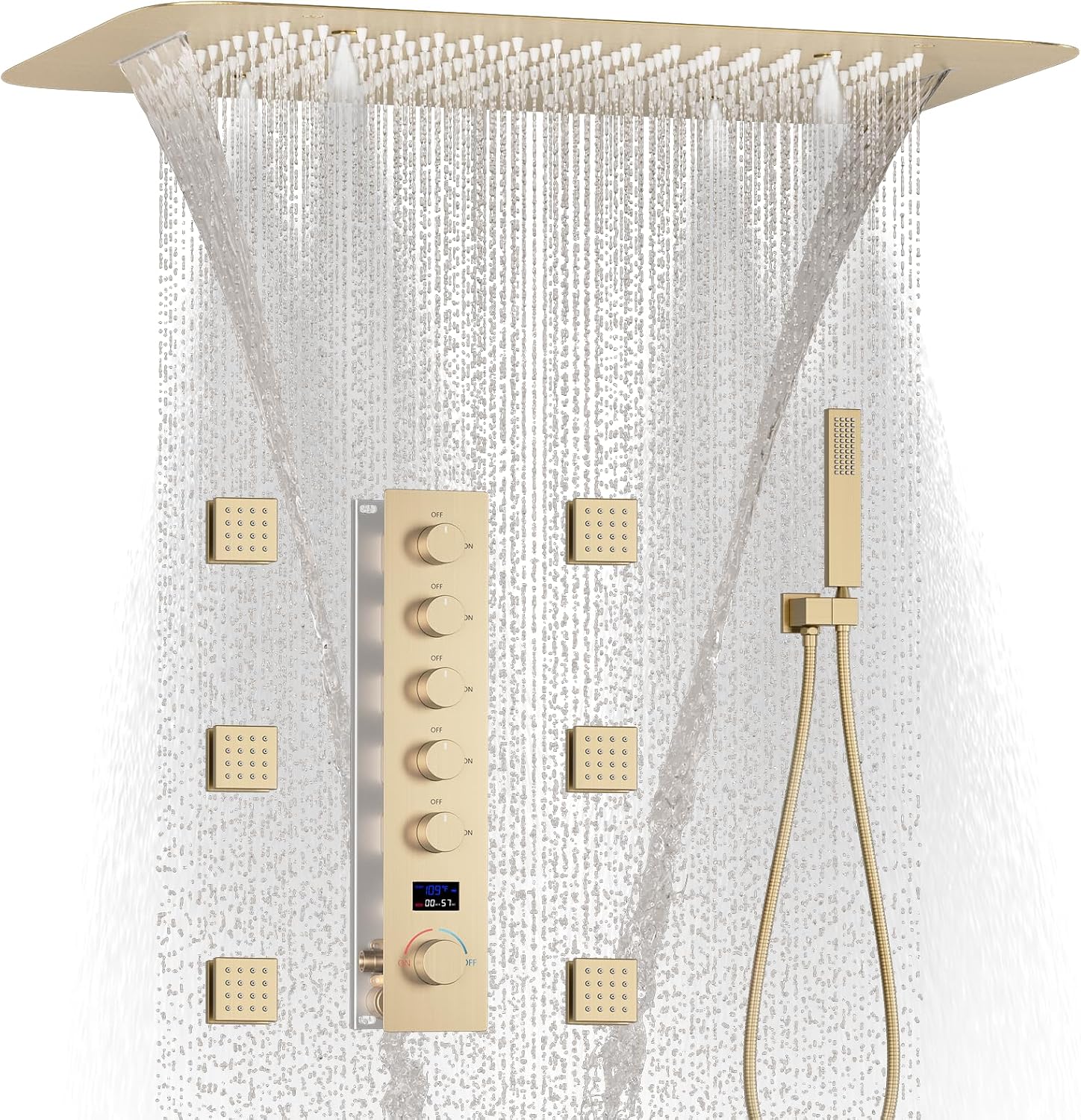 Brushed Gold Digital Display Shower System with 16X24 inch Rain&Waterfall&Mist 3 Modes Ceiling Overhead Shower Head, 6 PCS Body Jet and Handheld Spray