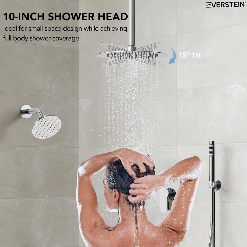 Ceiling Mount 10' High-Pressure Rainfall Shower Faucet, Dual Rainfall Shower Head System with Valve (Polished Chrome)
