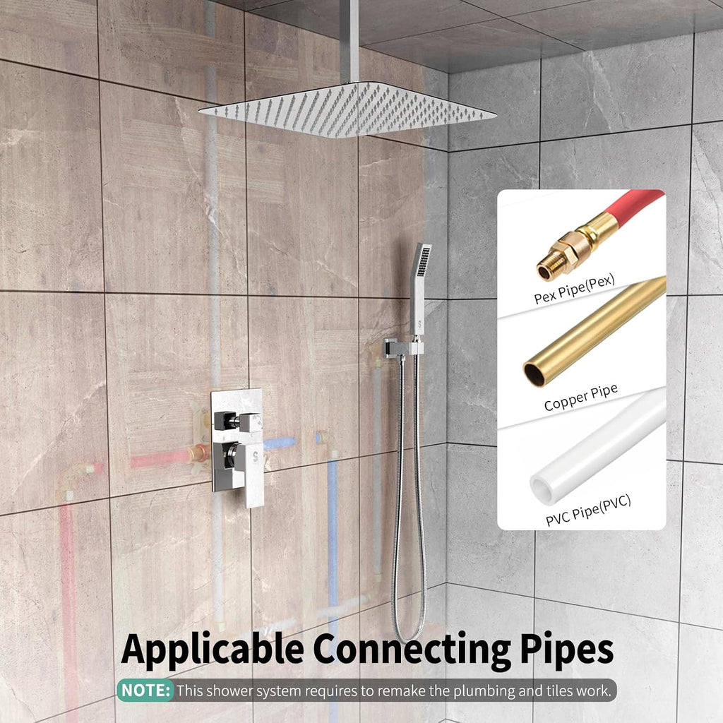 SR SUN RISE 16 Inches Polished Chrome Shower Faucet System Bathroom Luxury Rain Mixer Shower Faucet Set Ceiling Mounted Rainfall Shower Head Set (Contain Shower Faucet Rough-In Valve Body and Trim)