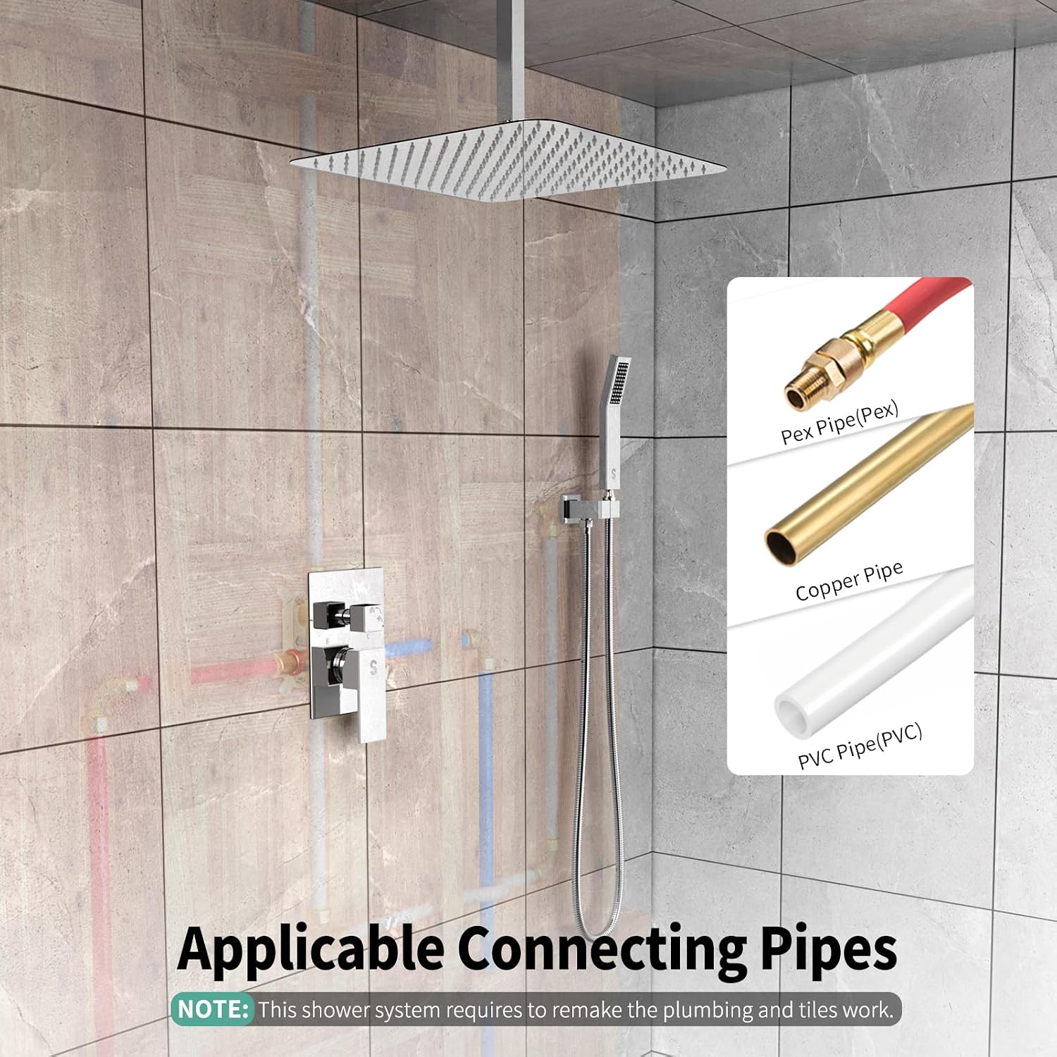 SR SUN RISE 16 Inches Polished Chrome Shower Faucet System Bathroom Luxury Rain Mixer Shower Faucet Set Ceiling Mounted Rainfall Shower Head Set (Contain Shower Faucet Rough-In Valve Body and Trim)
