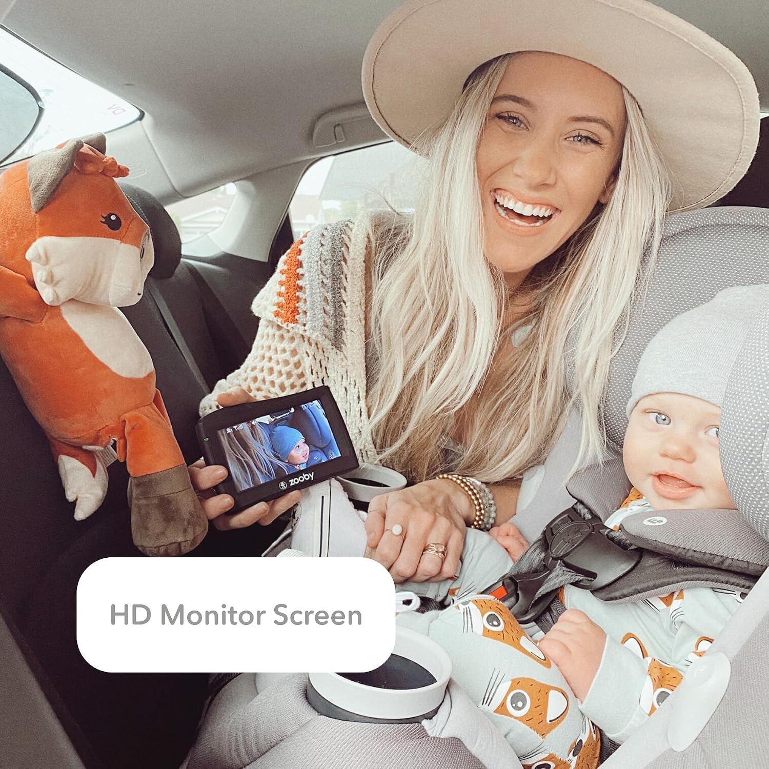 zooby Baby Car 4.3' HD Monitor, Wireless, Cuddly Plush Fox Camera, Simple Easy Setup, No WiFi Needed, Crash-Tested for Safety, Night Vision & Split Screen-Capable Nanny Cam Reduces Distracted Driving