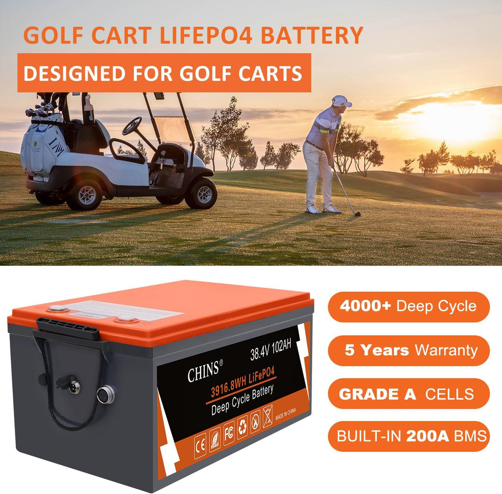 CHINS 36V Lithium Golf Cart Battery, 200A BMS, with Touch Monitor and Retention Strap, 5000+ Cycles 36V 102AH Lithium Battery with Charger Perfect for Golf Carts