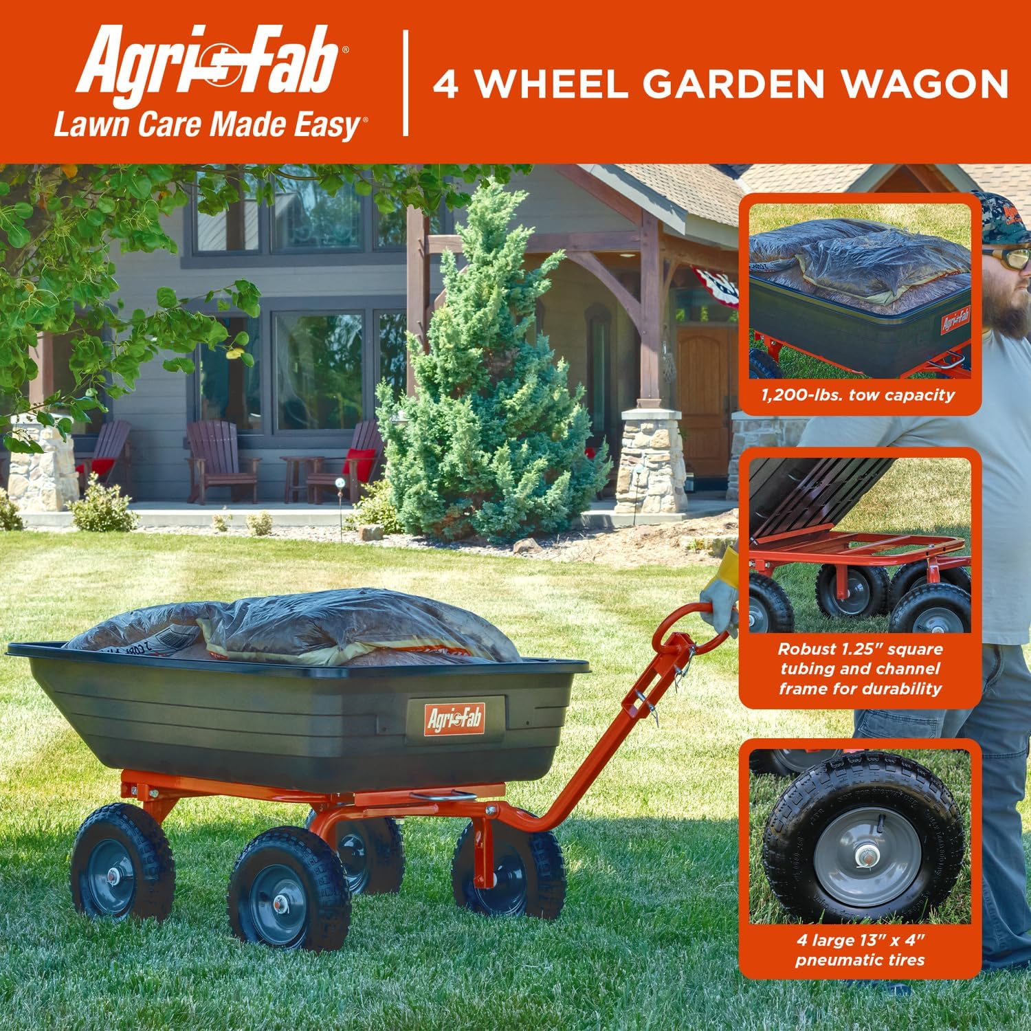 Agri-Fab 45-0594 4-Wheel Poly Convertible Pull/Tow Garden Dump Cart 1,200lb Tow Capacity Black