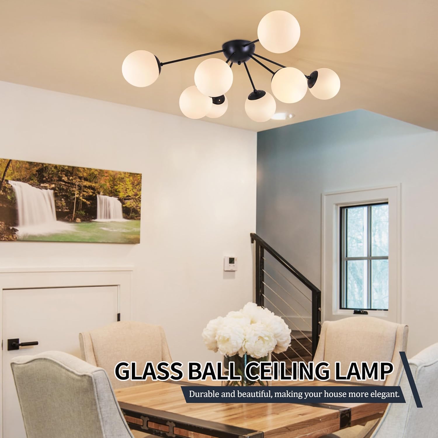 Bagood 8 Light Mid Century Modern Semi Flush Mount Ceiling Light Fixture Globe Ceiling Light Sputnik Chandelier with Milk Glass Shade Matte Black Finish for Bedroom Hallway Dining Room Living Room