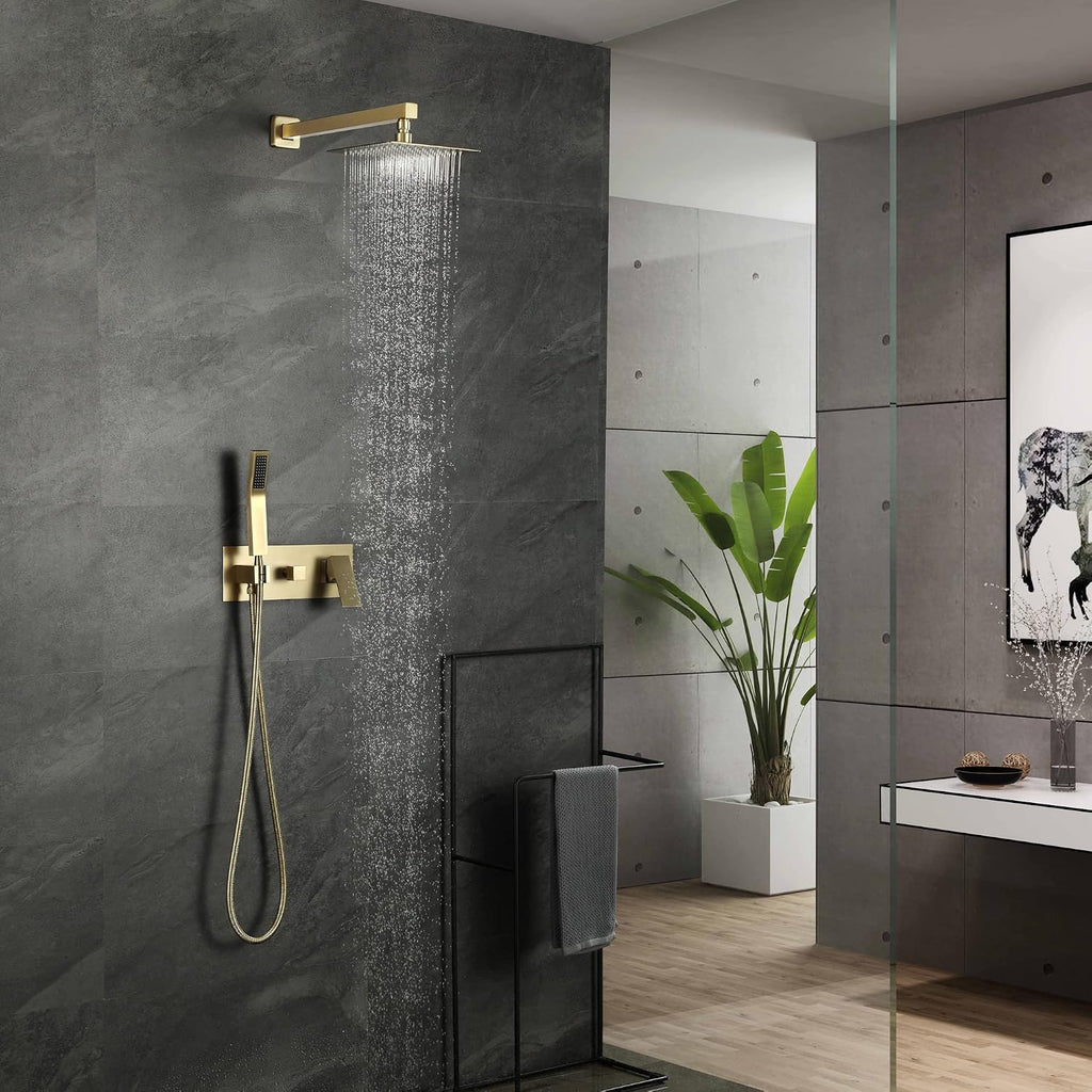SUMERAIN Brushed Gold Rain Shower System with Handheld Shower, Pressure Balancing Shower Mixer Valve