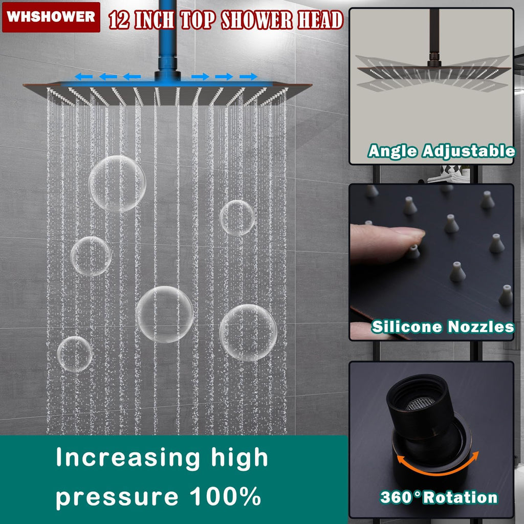 12'+8'+8' Triple Shower Heads Shower System Oil Rubbed Bronze Body Jets Shower Set with Handheld Sprayer and Temperature Display Valve,Full Body Shower System