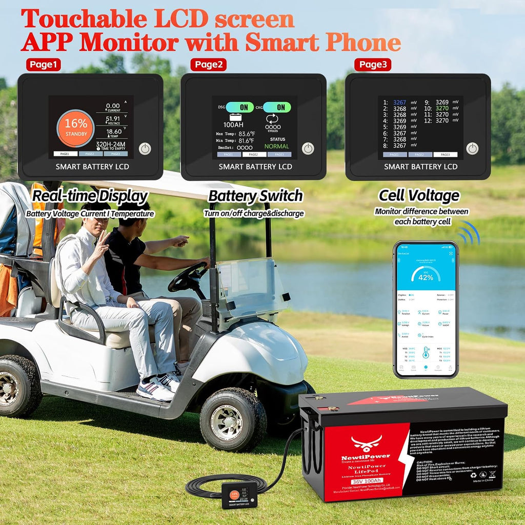 36V 100Ah Golf Cart LiFePO4 Battery with Charger, 3840Wh Lithium Battery with 200A BMS, Up to 10000+ Rechargeable Cycles, Perfect for RGolf Cart,Trolling Motor, Solar Power Storage (36V*100Ah)