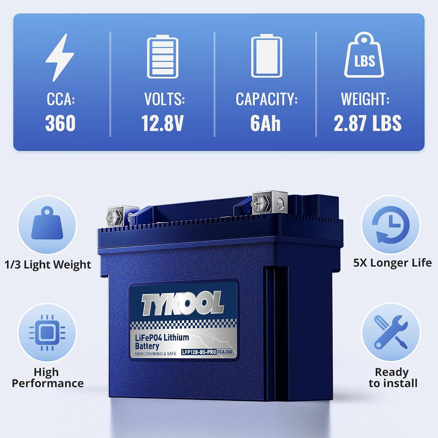 TYKOOL LFP12B-BS-PRO Lithium Battery, Replaces YT12B-BS YT12B-4, 360CCA 6Ah Fits for Motorcycle Scooter ATV, Compatible with Ducati Superbike Monster Multistrada Yamaha R1 FZ6 Kawasaki ZX10R, [+ -]