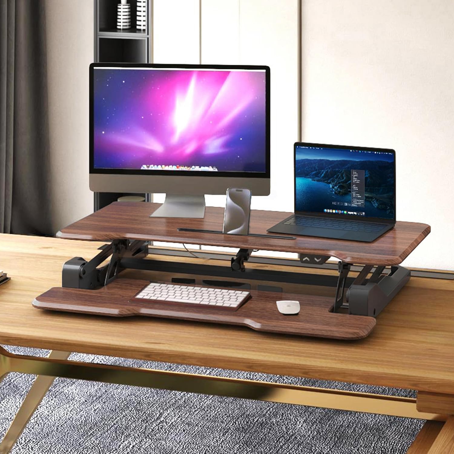 Mount-It! Electric Standing Desk Converter with 38' Tabletop, Height Adjustable Desk Riser, Motorized Desk Riser with Keyboard Tray and Device Slot, Fits Monitor & Laptop, Dark Walnut