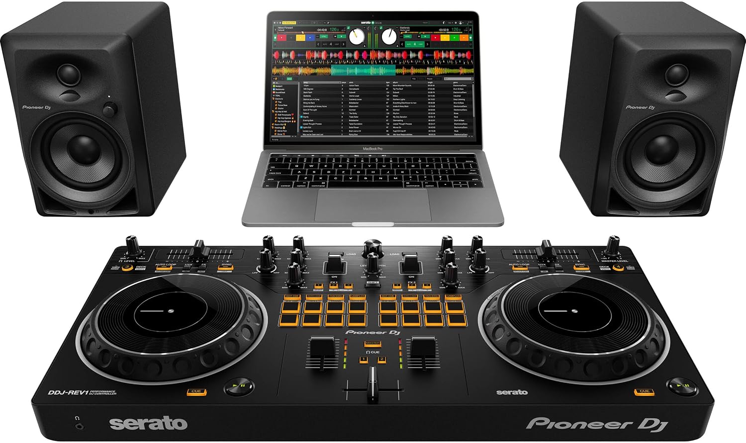 Pioneer DDJ-REV1 DJ Controller Bundle with Adjustable Laptop Stand for DJ's, Monitoring Headphones, Essential Cables and StreamEye Polishing Cloth