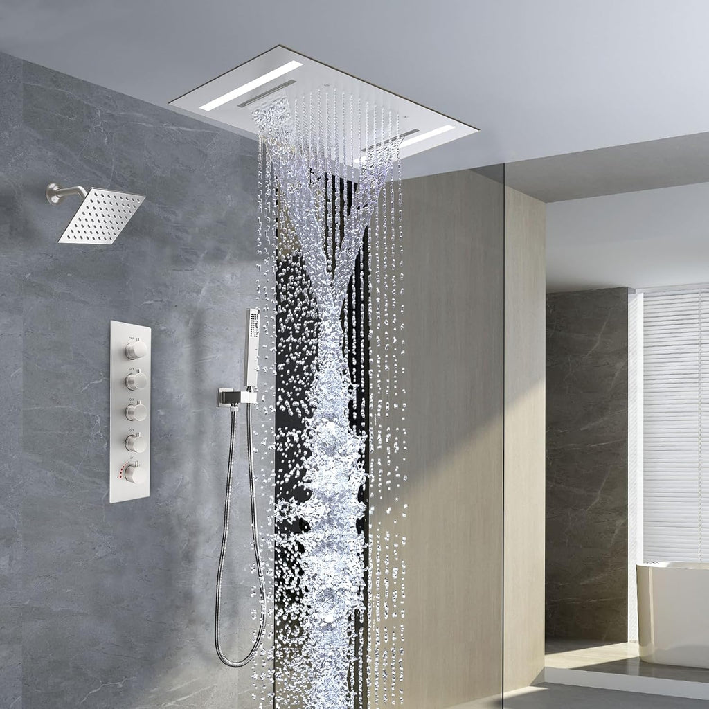 Dual Rain Shower Head Thermostatic Luxury Spa Shower System And Ceiling Mount 14x20 Inch LED 4 Functions with 6 Inch Wall Head Shower Faucet Set,Brushed Nickel