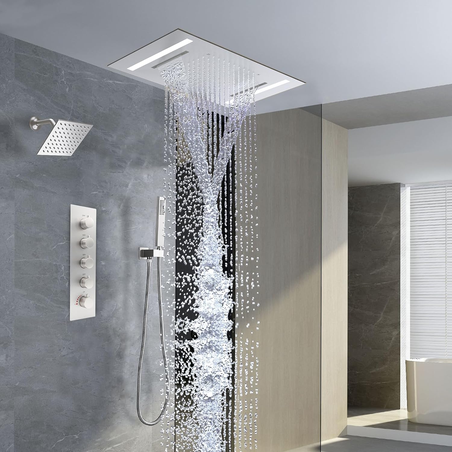 Dual Rain Shower Head Thermostatic Luxury Spa Shower System And Ceiling Mount 14x20 Inch LED 4 Functions with 6 Inch Wall Head Shower Faucet Set,Brushed Nickel