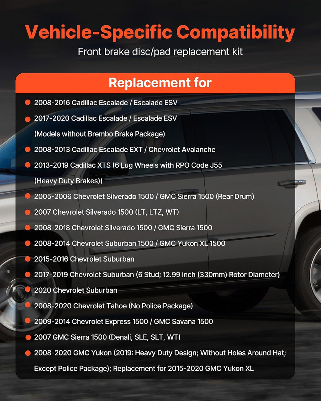 VEVOR Front Brake Kit Compatible with 2008-2016 Cadillac Escalade/Escalade ESV, 2017-2020 Cadillac Escalade/Escalade ESV (Models without Brembo Brake Package), Drilled & Slotted Brake Rotors Kit