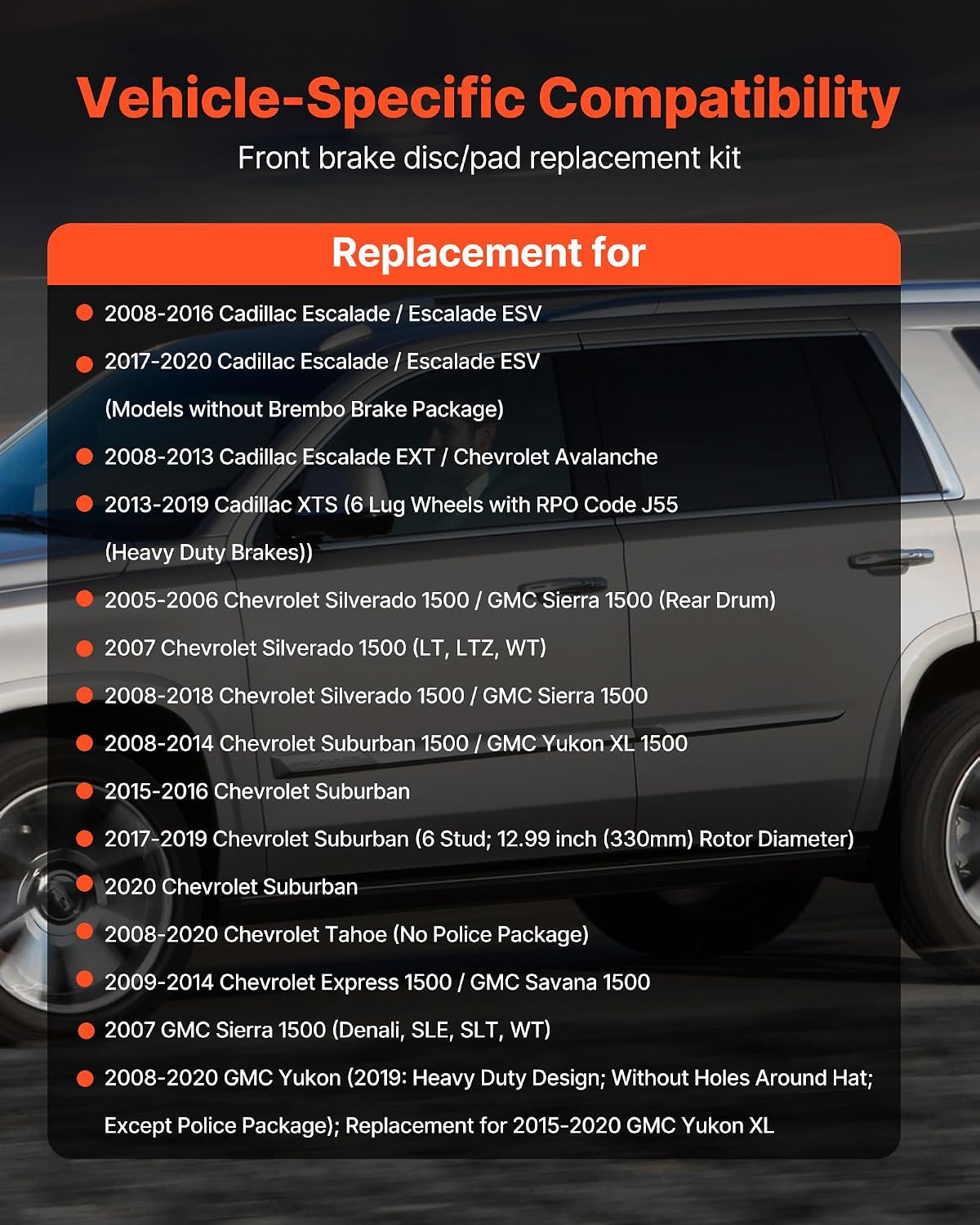 VEVOR Front Brake Kit Compatible with 2008-2016 Cadillac Escalade/Escalade ESV, 2017-2020 Cadillac Escalade/Escalade ESV (Models without Brembo Brake Package), Drilled & Slotted Brake Rotors Kit