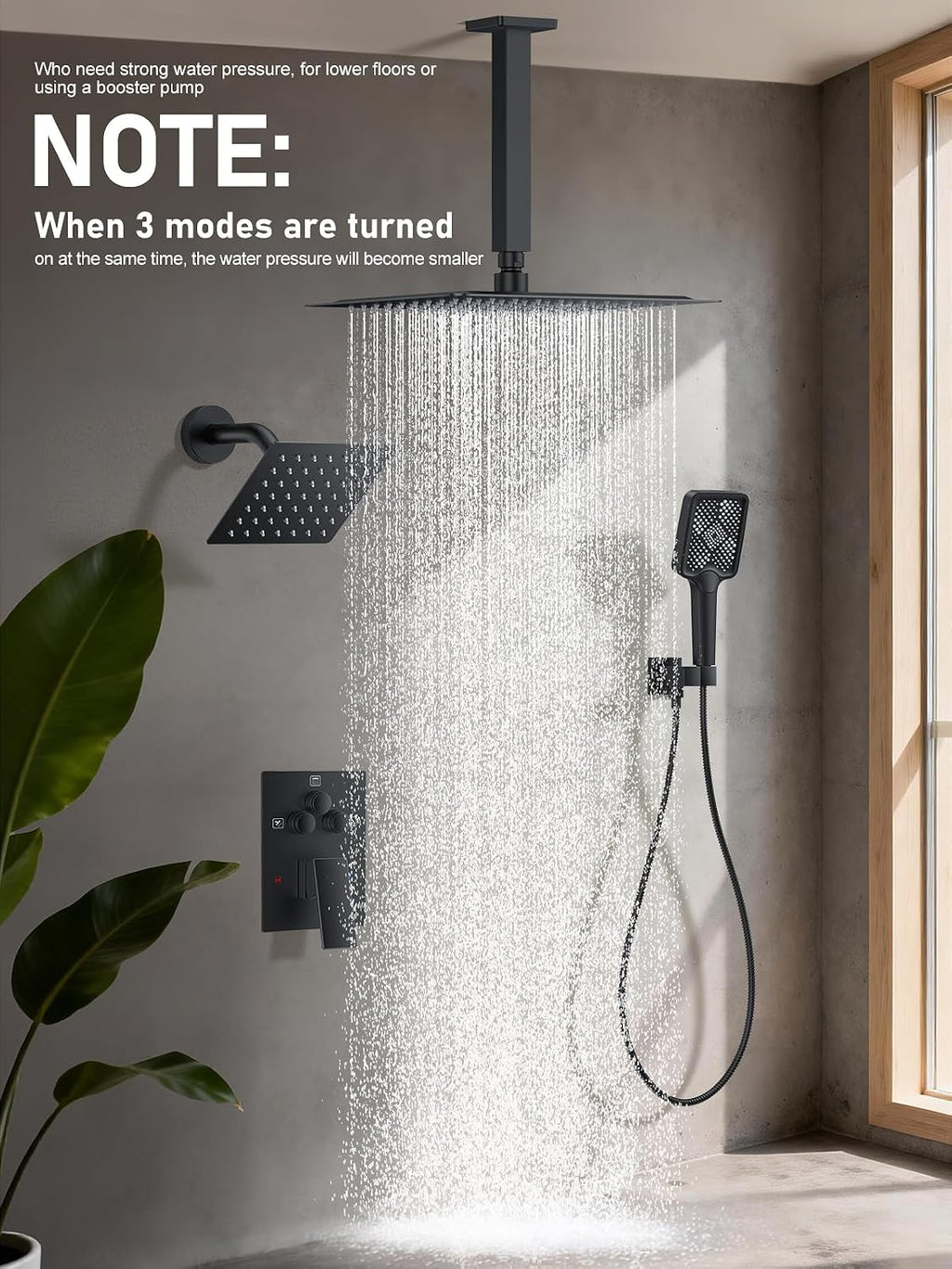 Woindo Shower Faucet Set, 10' Ceiling Mount Rainfall Shower System with 2 Rain Shower Head and Multi-function Handheld Head Push Button Diverter Shower Faucet Trim Kit