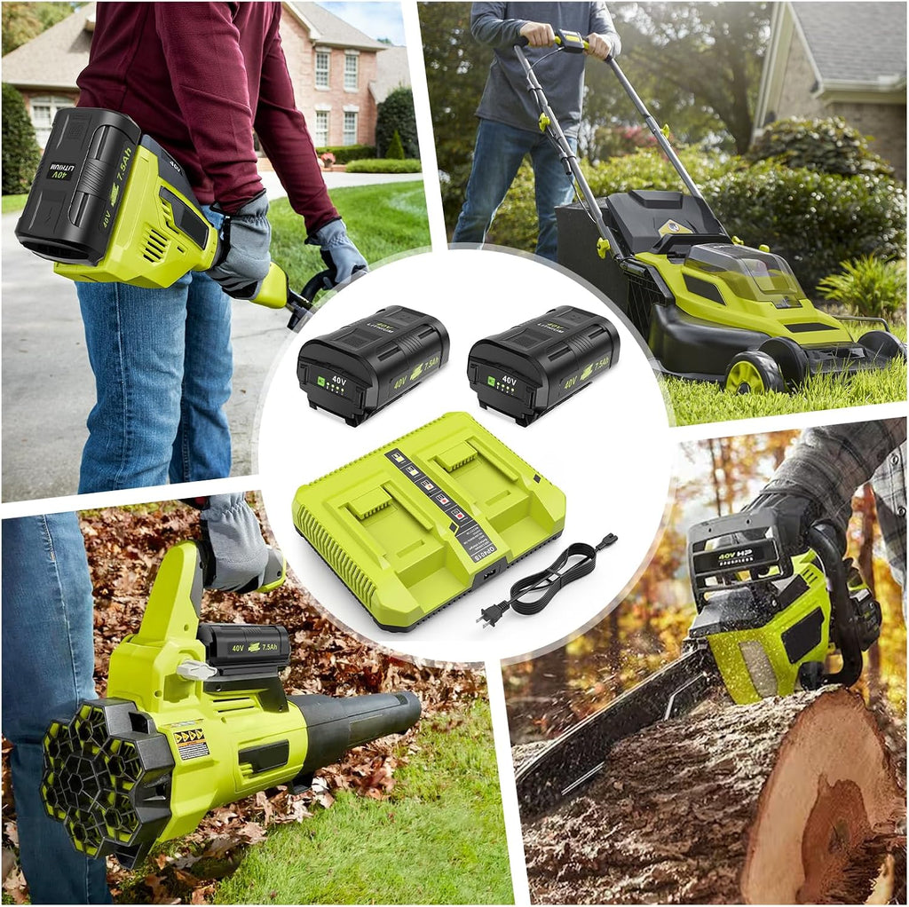 7.5Ah Replacement for Ryobi 40V Battery and Dual Charger Combo Compatible with Ryobi 40V Lithium Battery OP4040 OP4026 OP40601 OP4050A OP4030 OP4050 OP40201 OP40401 (2Battery+1Charger)