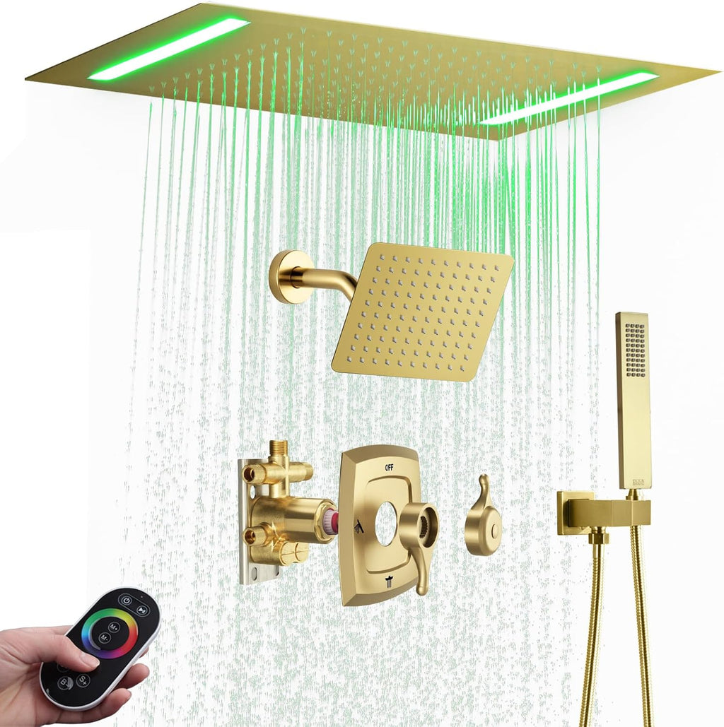 14 X 20 Inch Ceiling LED Rain Shower Head, Dual Rainfall Smart Shower System Set With 8 Inch Wall Head For Two People (Brushed Gold)
