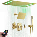 14 X 20 Inch Ceiling LED Rain Shower Head, Dual Rainfall Smart Shower System Set With 8 Inch Wall Head For Two People (Brushed Gold)
