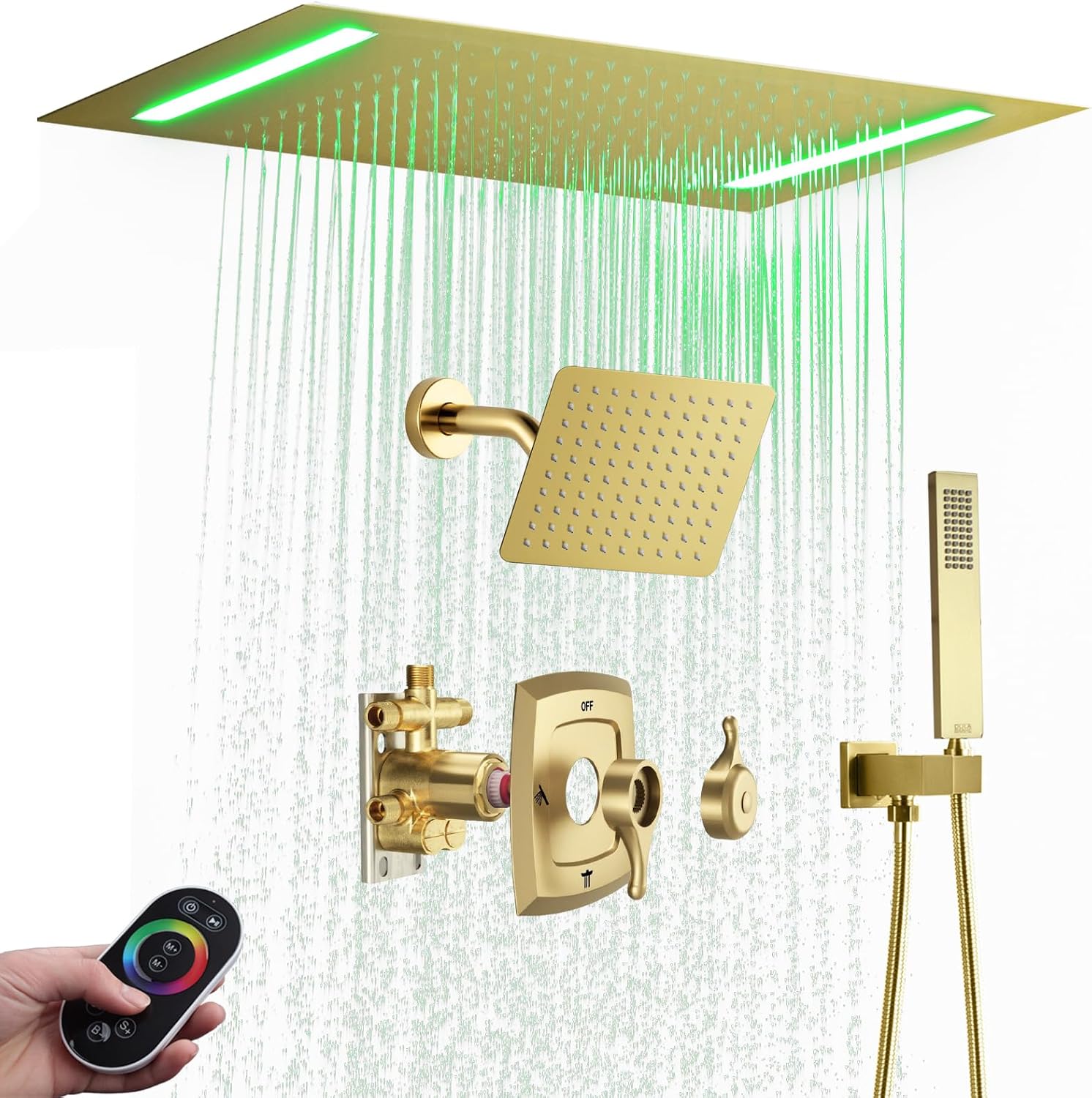 14 X 20 Inch Ceiling LED Rain Shower Head, Dual Rainfall Smart Shower System Set With 8 Inch Wall Head For Two People (Brushed Gold)