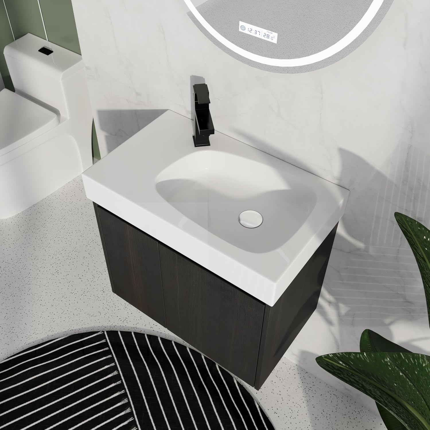 24 Inch Floating Bathroom Vanity,Bathroom Vanity with Sink,Small Bathroom Sink Cabinet with Ceramic Basin,Solid Wood Frame,Black Floating Vanity Bathroom,Wall Mounted Modern Vanity