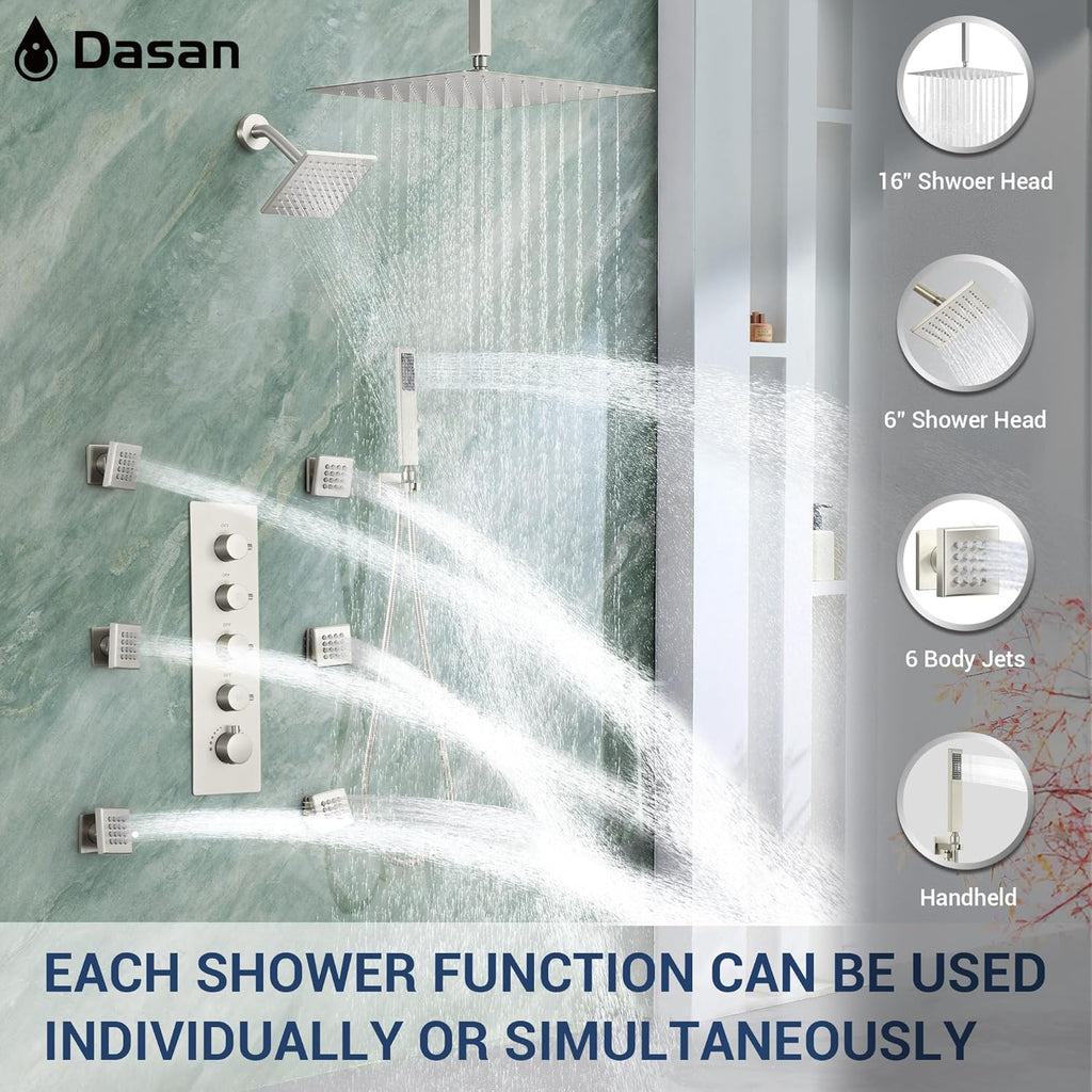 Dasan Thermostatic Dual Shower Head System with 6 Body Jets, 6-Inch Shower & 16' Rainfall Shower, Luxury Brushed Nickel Shower Faucet Set Tandem Rain Shower Head System for Couples/ 2-Person
