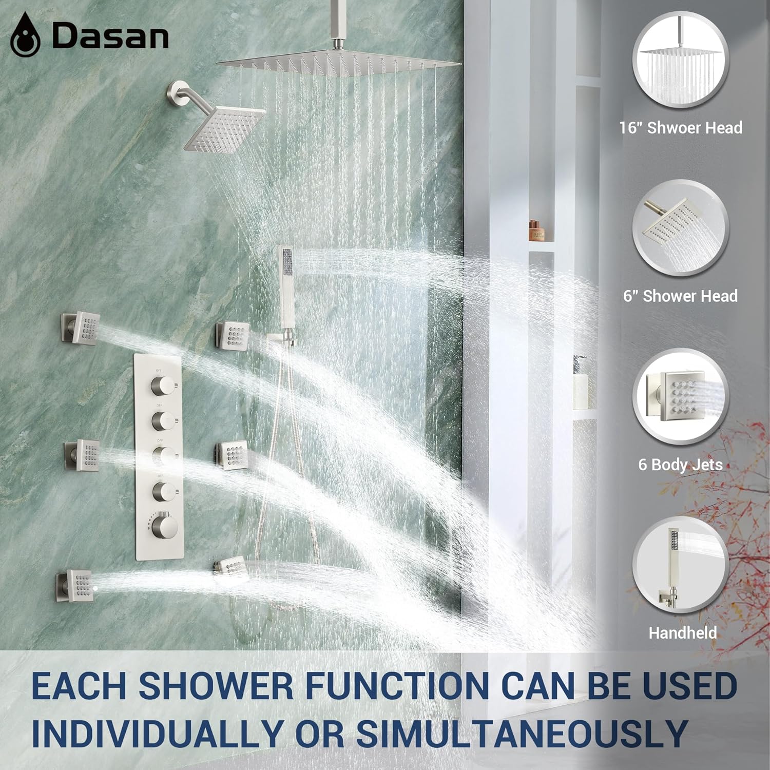 Dasan Thermostatic Dual Shower Head System with 6 Body Jets, 6-Inch Shower & 16' Rainfall Shower, Luxury Brushed Nickel Shower Faucet Set Tandem Rain Shower Head System for Couples/ 2-Person
