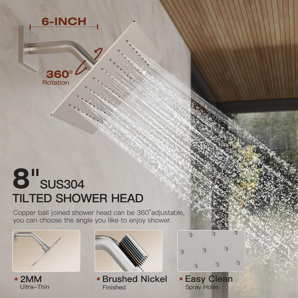 Shower System, Shower Faucet Set with 3 In 1 Push Button Valve, Shower Faucet included 10' Ceiling Shower Head and 8' Wall-Mount Shower Head with Handheld Spray, Brushed Nickel