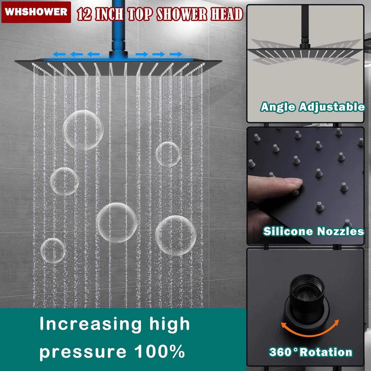 Rainfall Shower System with 12+8+8' Three Top Shower Heads, Body Jets and Handheld Shower,Matte Black Full Body Shower System with Digital Display Valve