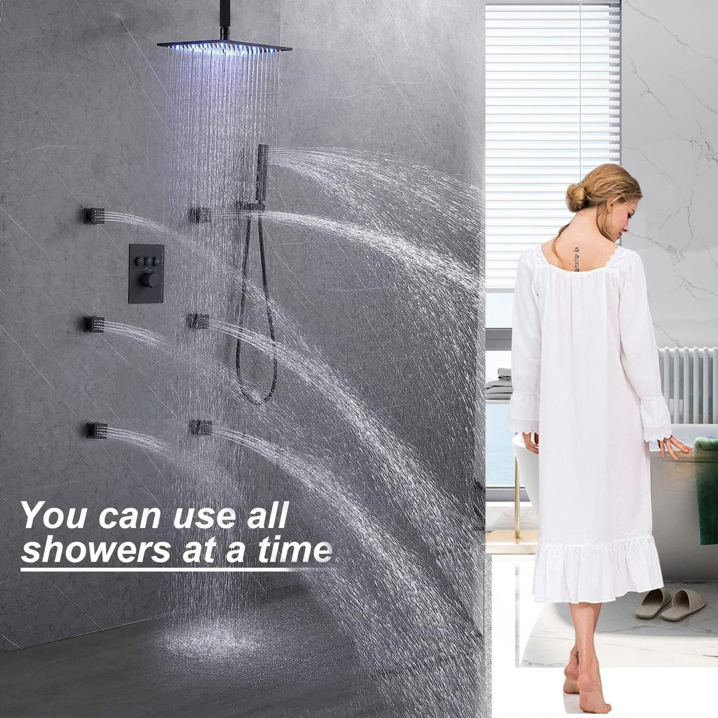 Enga Thermostatic Shower System with Body Jets (Use All Functions At A Time), Ceiling Mounted 12 Inch LED Rain Shower with 6 Body Spray Jets and Handheld Shower Faucet Set, Matte Black