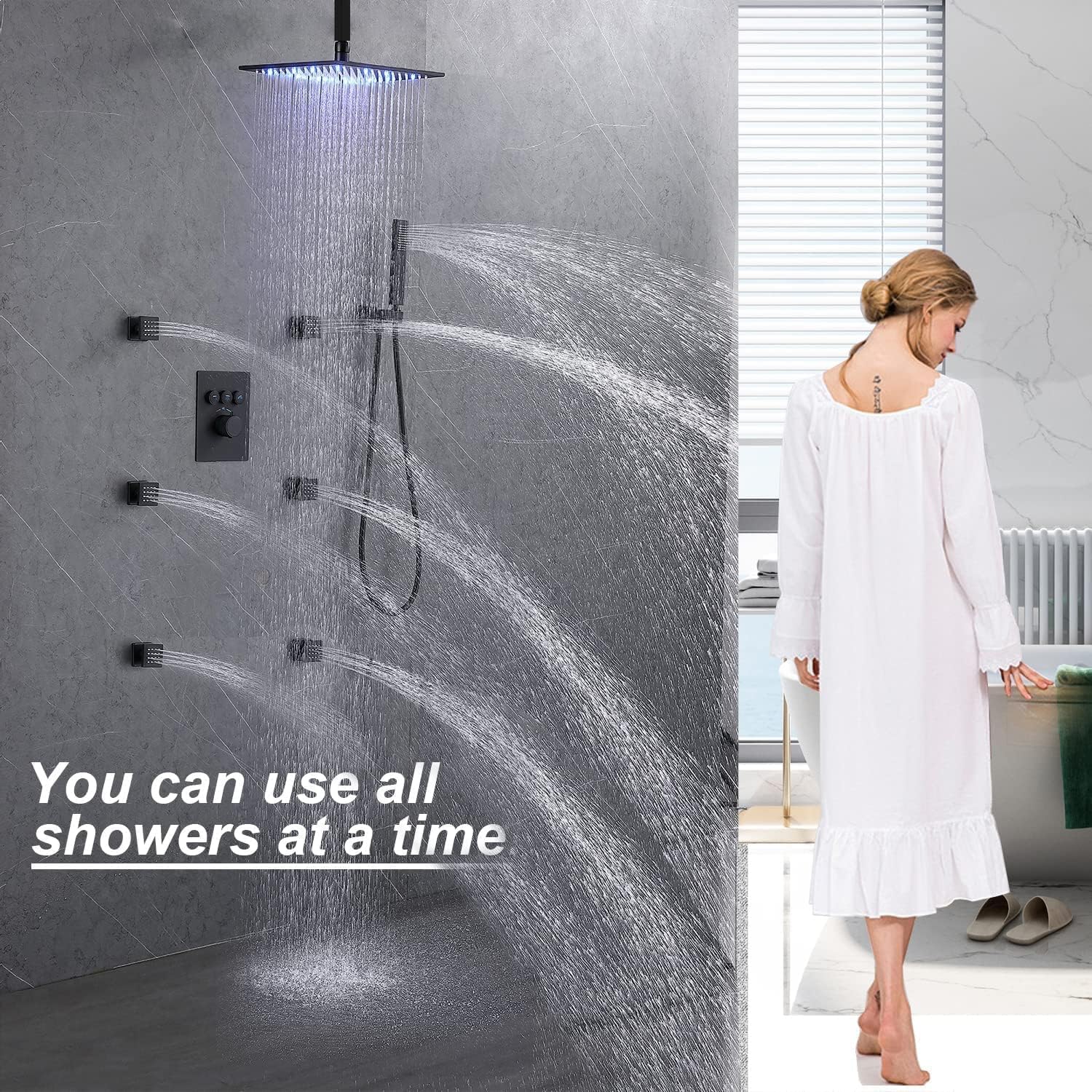 Enga Thermostatic Shower System with Body Jets (Use All Functions At A Time), Ceiling Mounted 12 Inch LED Rain Shower with 6 Body Spray Jets and Handheld Shower Faucet Set, Matte Black