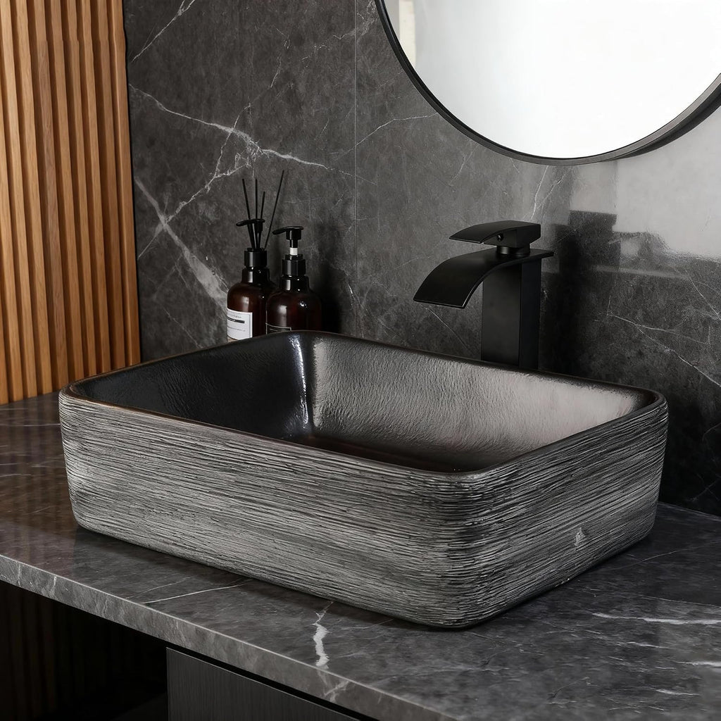 Black Vessel Sink Rectangle 18'x14' Bathroom Sink Above Counter Porcelain Ceramic Small Sink Bowl Ceramic Vessel Sinks with Waterfall Faucet and Pop-up Drain for Bathrooms