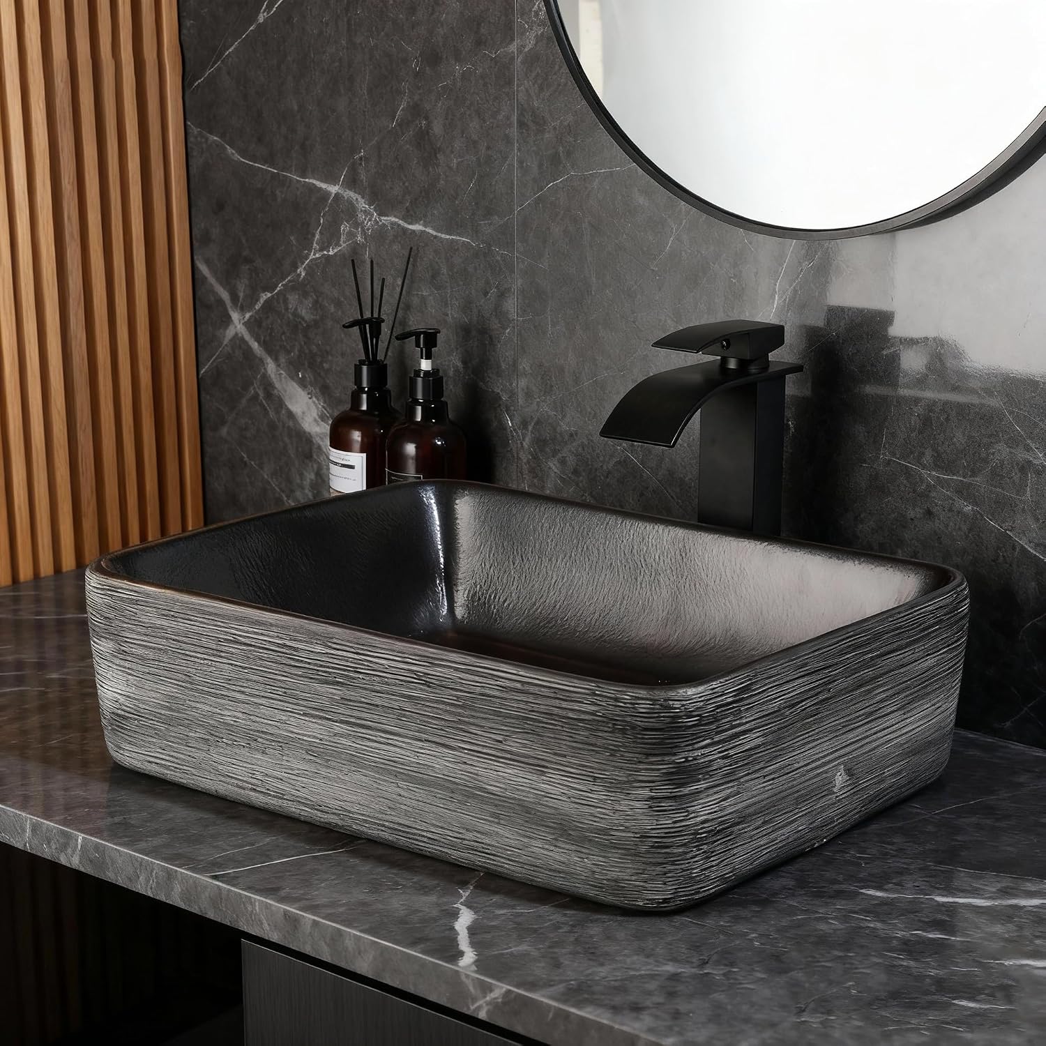 Black Vessel Sink Rectangle 18'x14' Bathroom Sink Above Counter Porcelain Ceramic Small Sink Bowl Ceramic Vessel Sinks with Waterfall Faucet and Pop-up Drain for Bathrooms
