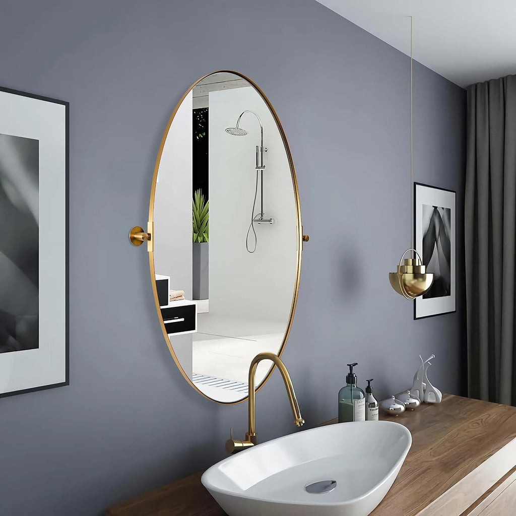 MOON MIRROR Gold Oval Mirror, Oval Pivot Mirror for Bathroom, Brass Oval Vanity Mirror for Wall, Oval Mirror for Bathroom, Brushed Gold Tilting Bathroom Pivoting Mirror(Overall 25.37' x 30')