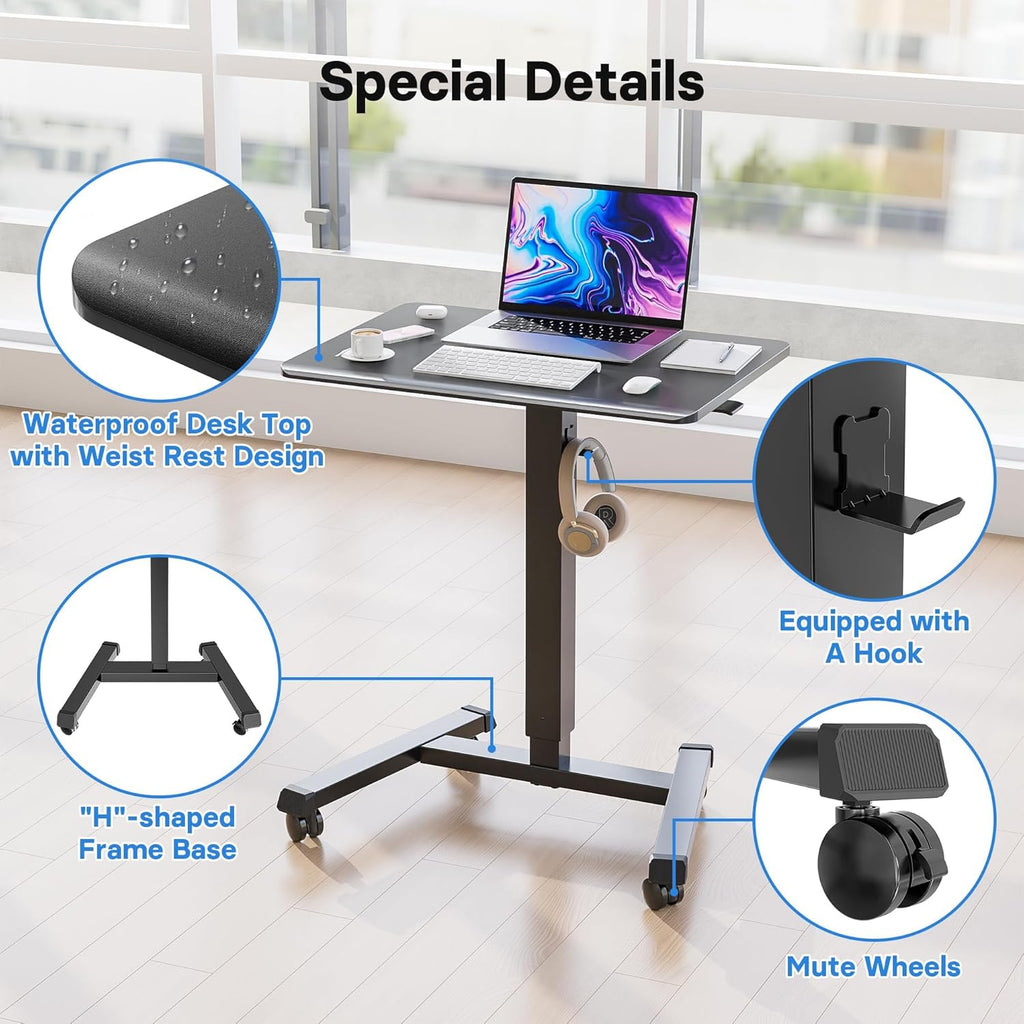 BONTEC Mobile Standing Desk Adjustable Height, Rolling Laptop Cart with Hook, Portable Workstation with Pneumatic Lift, Ergonomic Table with Wheels, Compact Home Office Desk, Black 25.6' x 17.7'