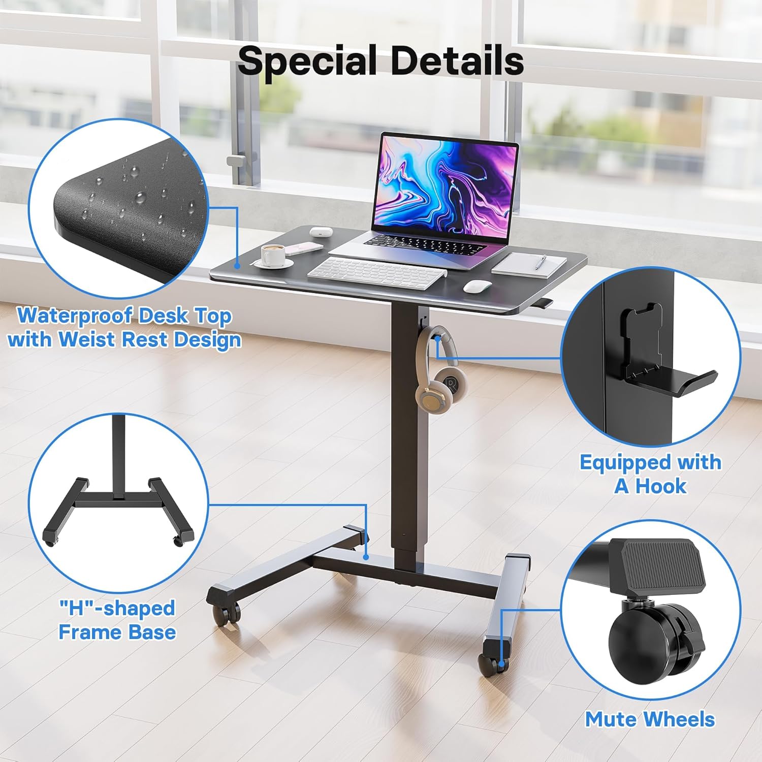 BONTEC Mobile Standing Desk Adjustable Height, Rolling Laptop Cart with Hook, Portable Workstation with Pneumatic Lift, Ergonomic Table with Wheels, Compact Home Office Desk, Black 25.6' x 17.7'