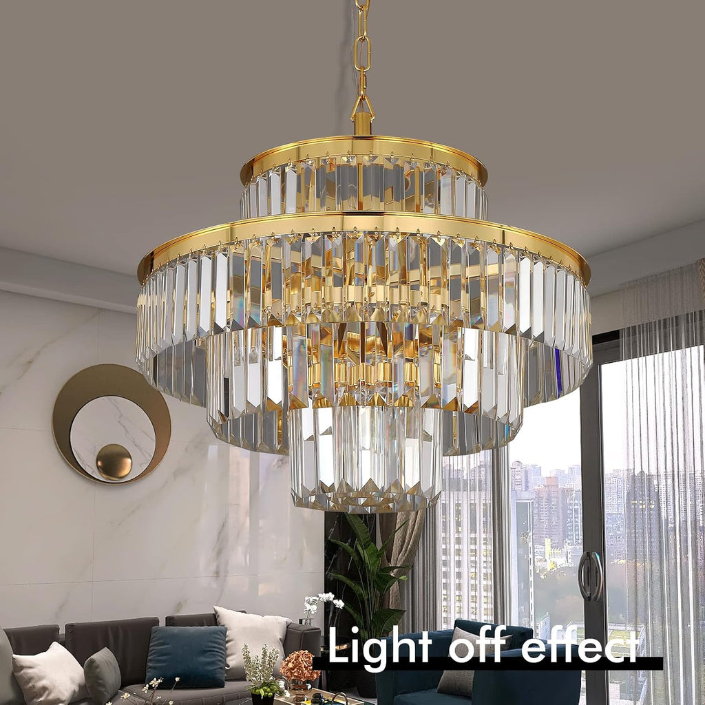 Modern Style Crystal Chandeliers & LightsRound Hanging Classic, Pendant Ceiling Chandelier Lighting Fixture 4-Tier for Dining Room Living Room(Gold Orange,20 inch)