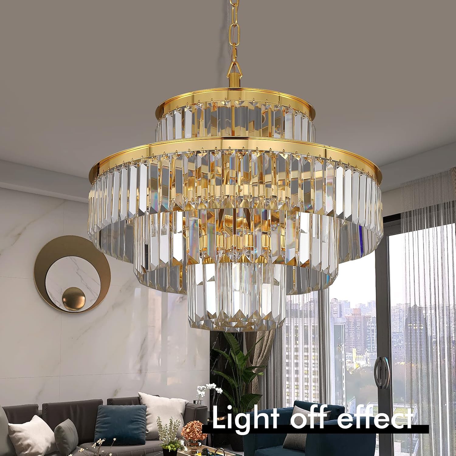 Modern Style Crystal Chandeliers & LightsRound Hanging Classic, Pendant Ceiling Chandelier Lighting Fixture 4-Tier for Dining Room Living Room(Gold Orange,20 inch)