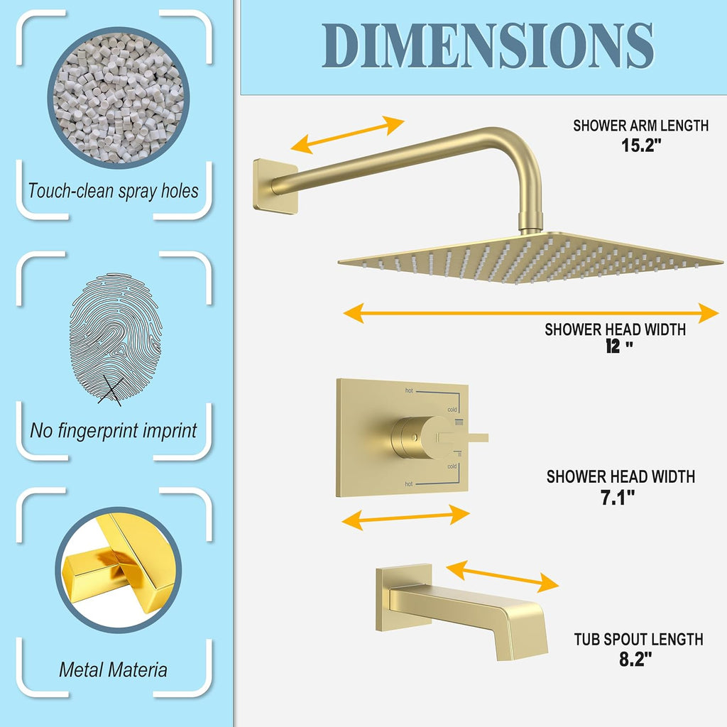 SOOOHOT Brushed Gold Shower Fixtues, Tub and Shower Faucet Set Combo with 12 Inch Gold Shower Head and Tub Spout, Gold Shower Head and Handle Set (Valve Included)
