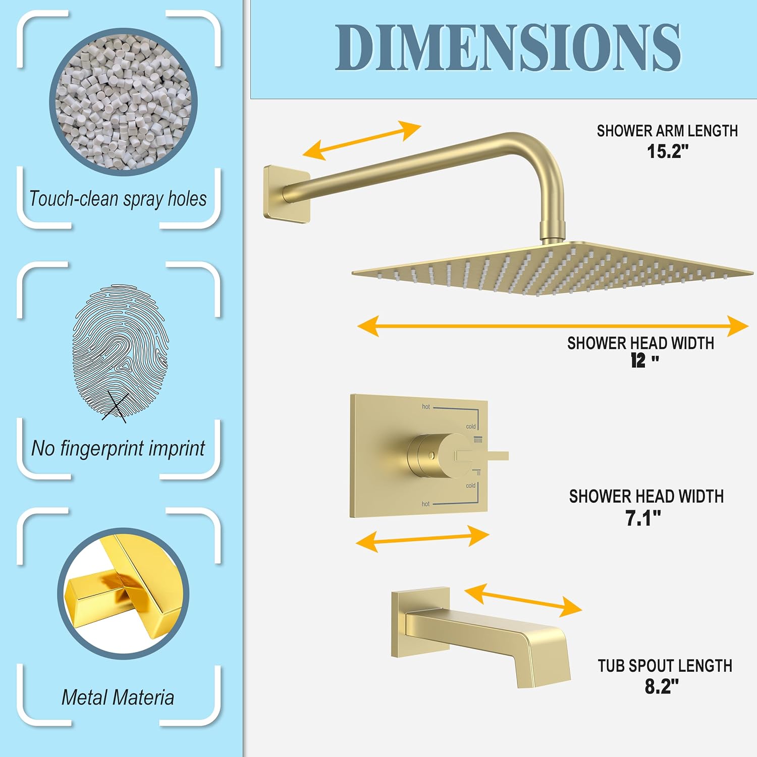 SOOOHOT Brushed Gold Shower Fixtues, Tub and Shower Faucet Set Combo with 12 Inch Gold Shower Head and Tub Spout, Gold Shower Head and Handle Set (Valve Included)