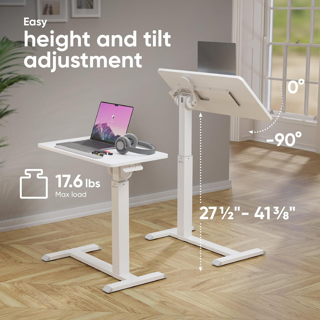 ONKRON Laptop Cart on Wheels, max Load 17.6 lbs, Small Rolling Table with Hidden Wheels, Mobile Standing Desk Adjustable Height, 90° Tilting Portable Workstation, Overbed Bedside Desk White
