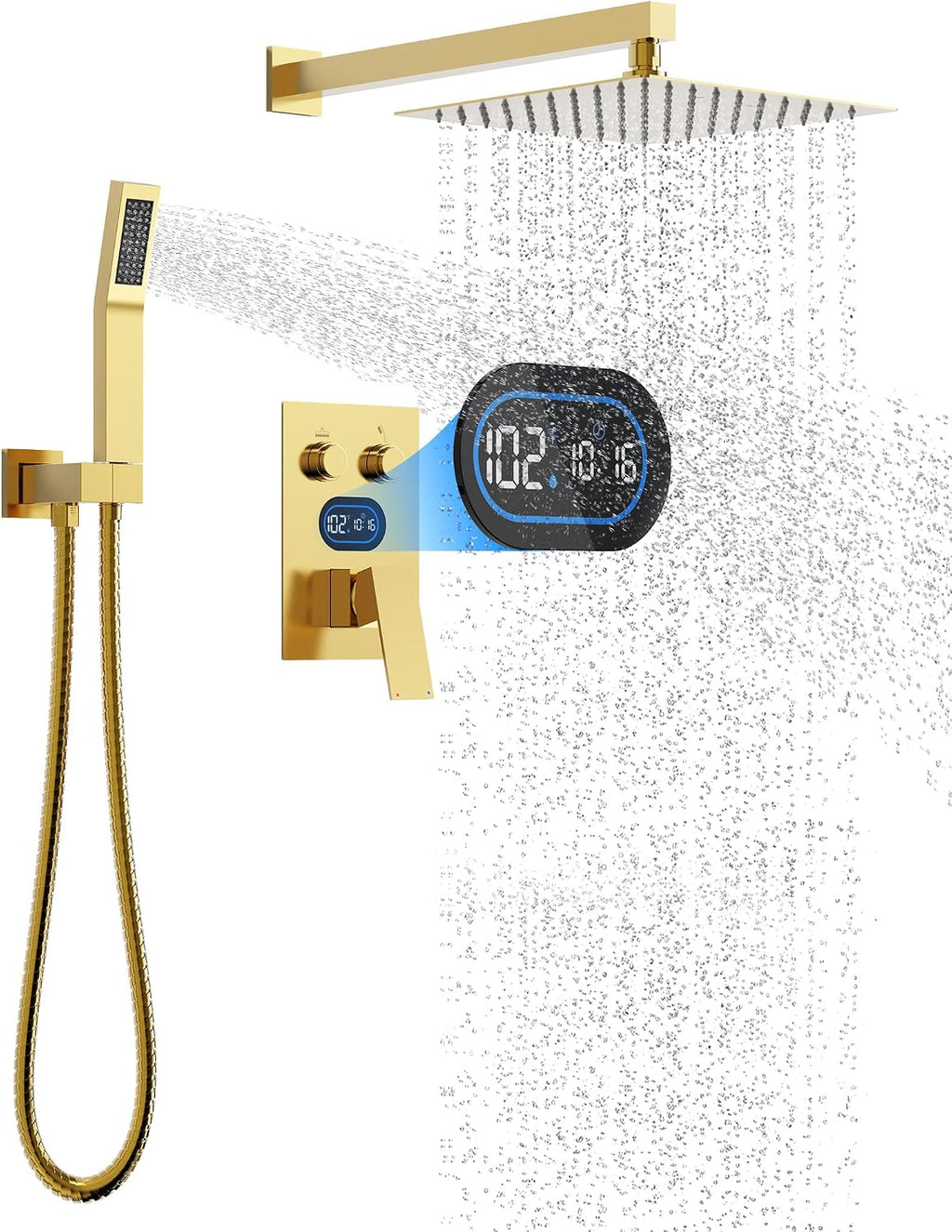 Push Button Diverter Shower Faucet Set Hydro Power Temperature Display, Shower System 12 Inch Shower Head with Handheld Spray, Wall Mounted Shower Fixtures with Valve and Trim Kit, Brushed Gold