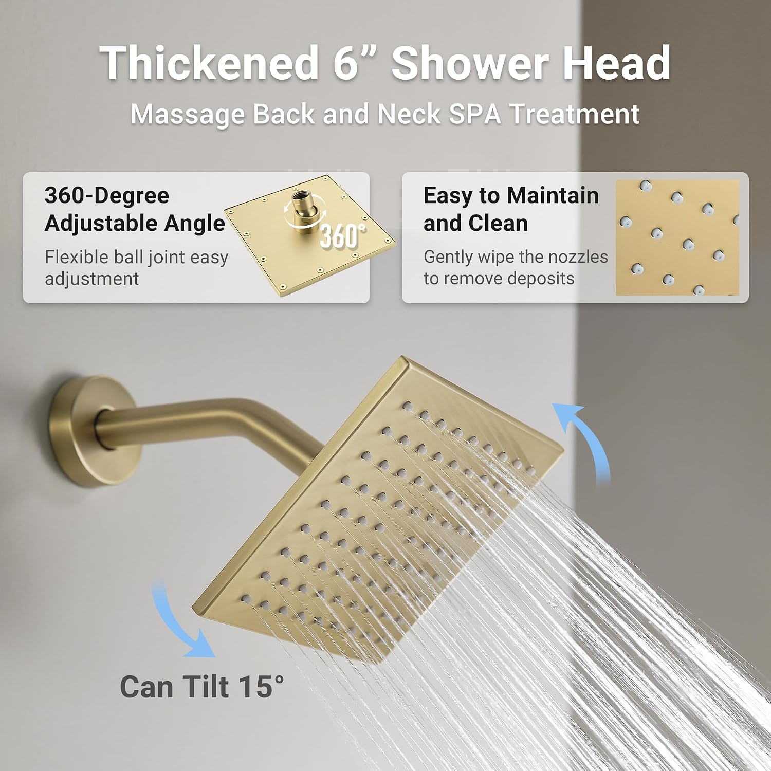 Dasan Brushed Gold Dual Shower Heads System with Ceiling 12-Inch Rainfall Shower & Wall Mount 6-Inch High Pressure Shower Head, Full Body Dual Shower Head Set