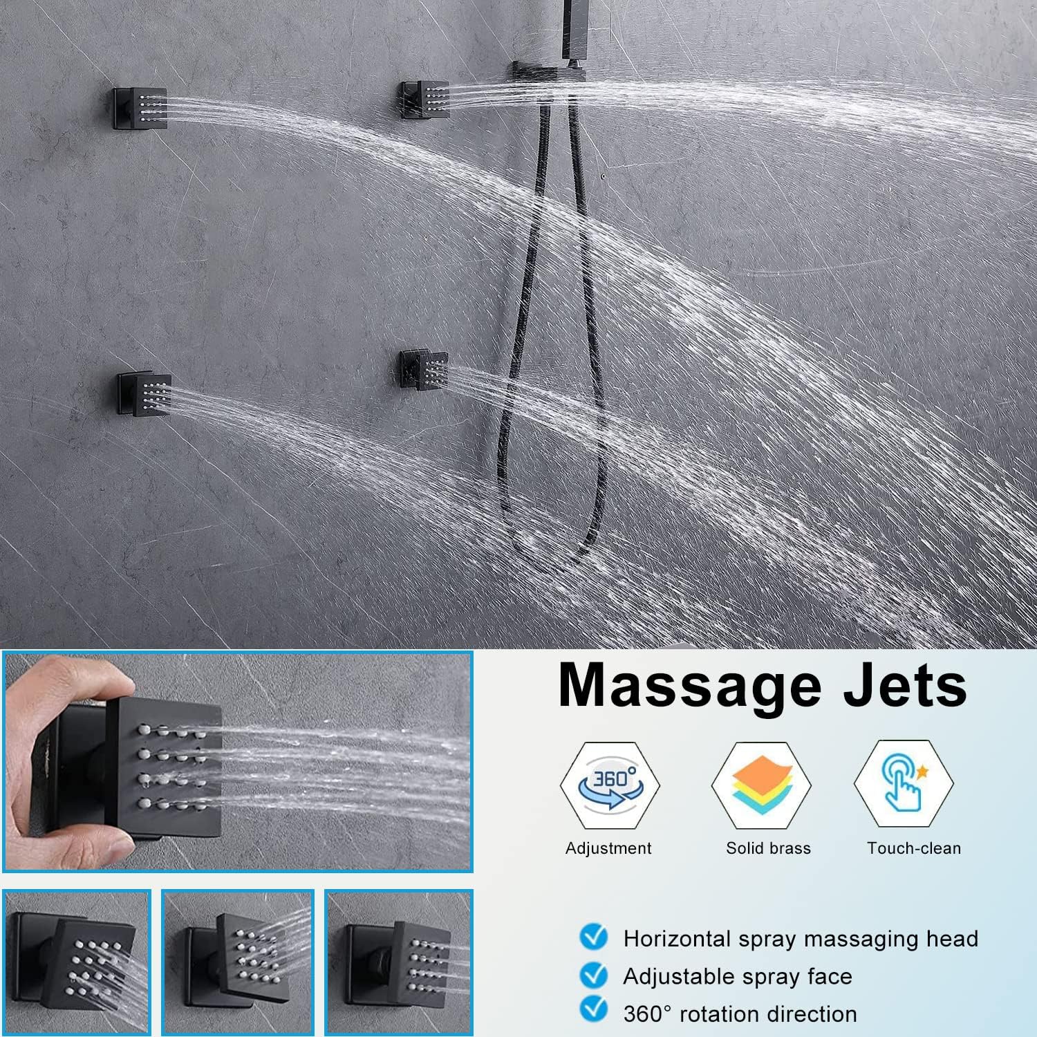 Rainfall Shower System with 12+8+8' Three Top Shower Heads, Body Jets and Handheld Shower,Matte Black Full Body Shower System with Digital Display Valve
